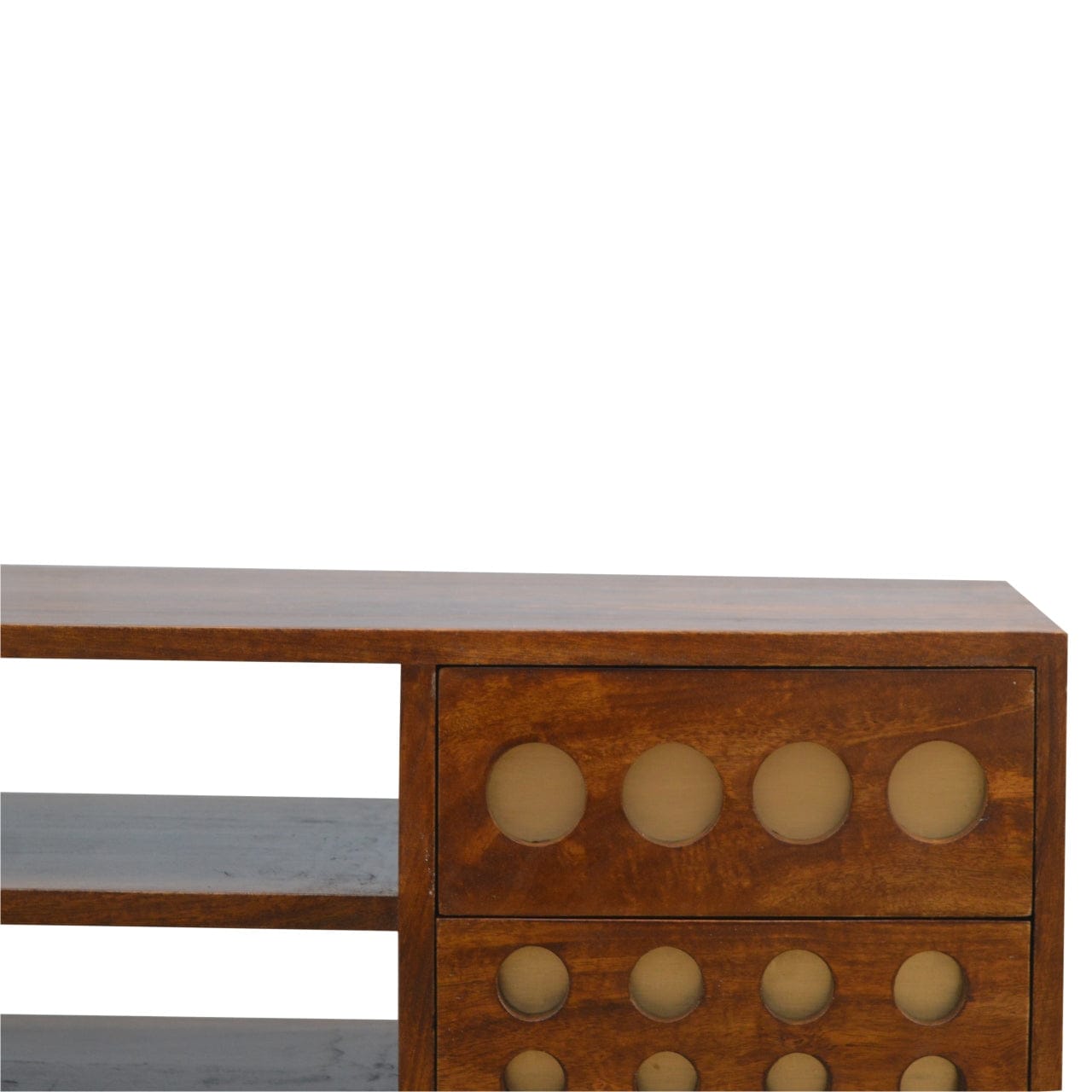 Brass Hole Inlay TV Stand - Solid Mango Wood Entertainment Center for Living Room - product view 5 showing handcrafted...