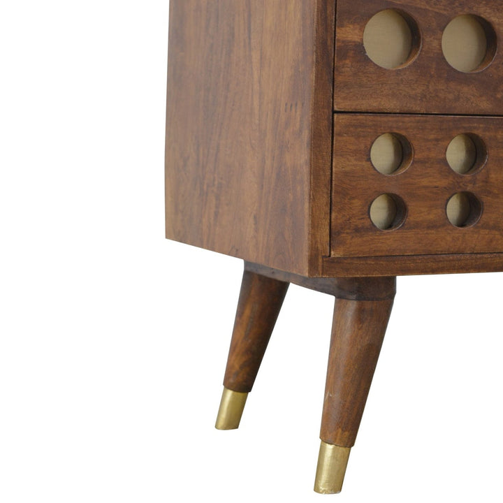 Brass Hole Inlay TV Stand - Solid Mango Wood Entertainment Center for Living Room - product view 4 showing handcrafted...