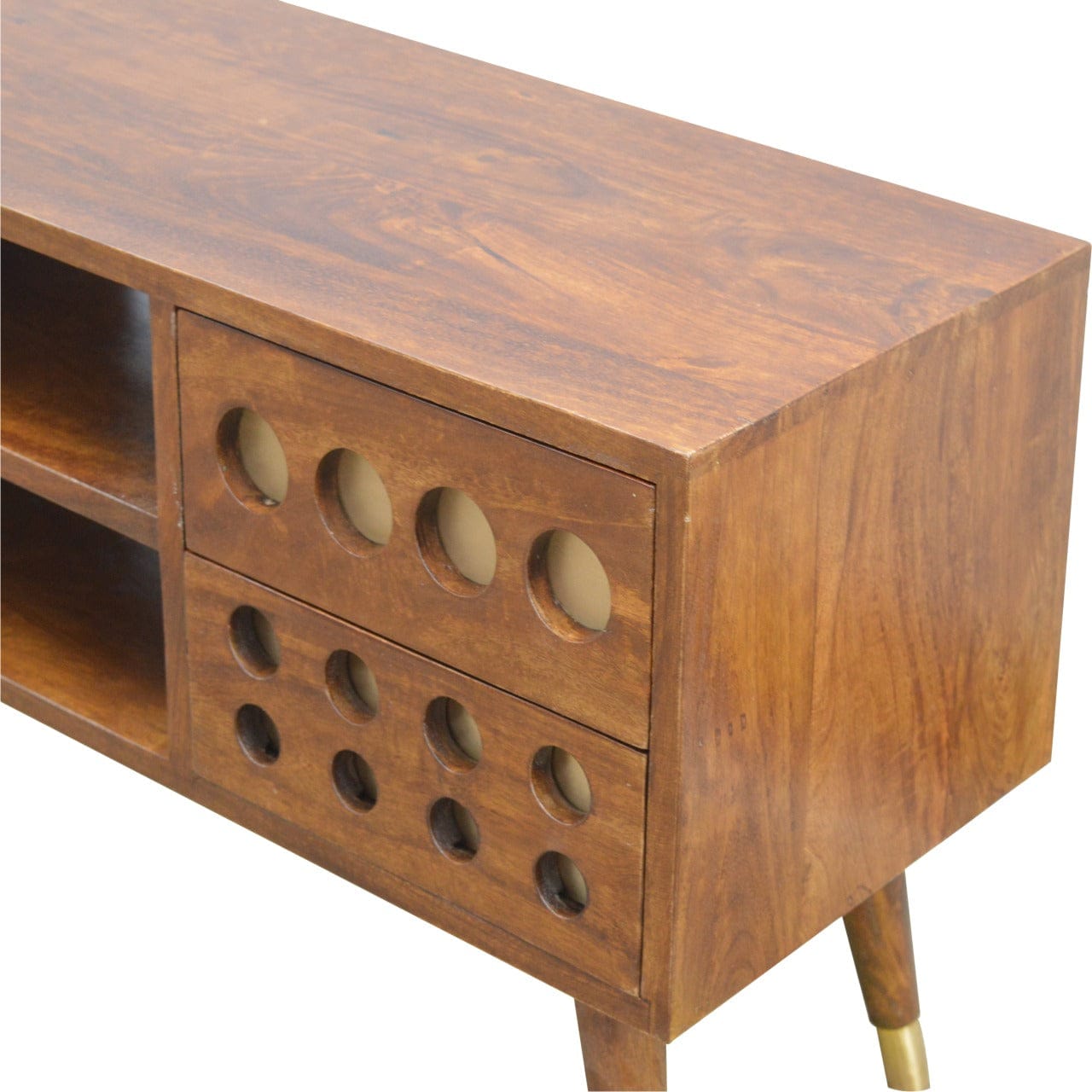 Brass Hole Inlay TV Stand - Solid Mango Wood Entertainment Center for Living Room - product view 3 showing handcrafted...