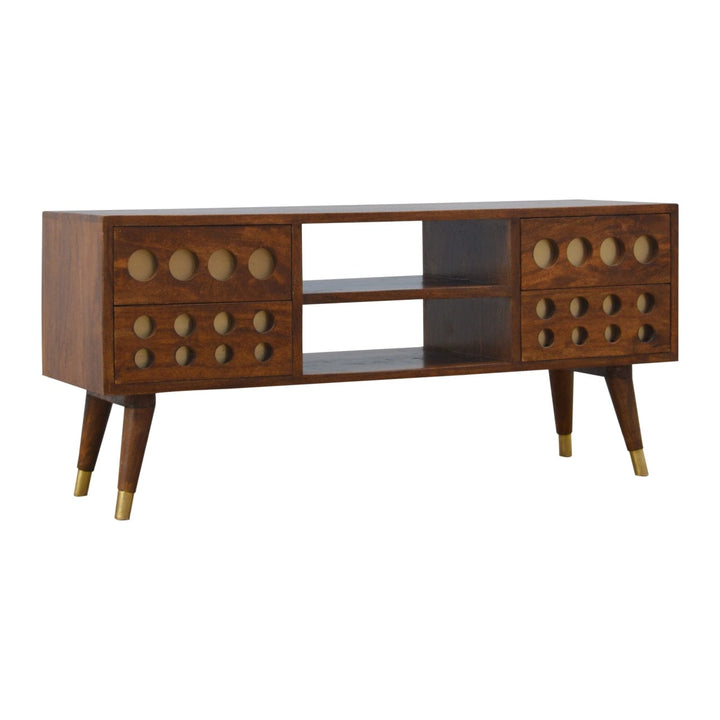 Brass Hole Inlay TV Stand - Solid Mango Wood Entertainment Center for Living Room - product view 2 showing handcrafted...