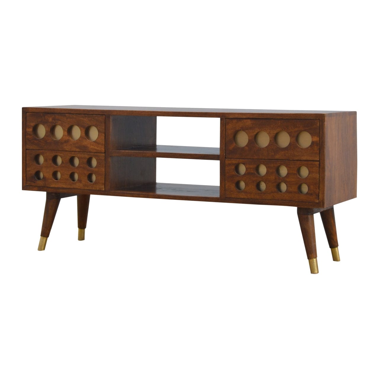 Brass Hole Inlay TV Stand - Solid Mango Wood Entertainment Center for Living Room - main view showing handcrafted solid...