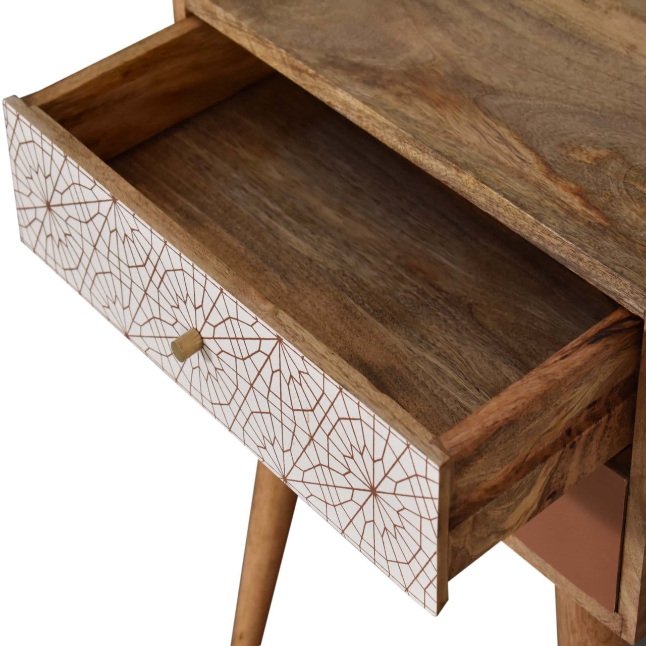 Brick Red Patterned Nightstand - Solid Mango Wood Bedside Table for Bedroom - product view 4 showing handcrafted solid...