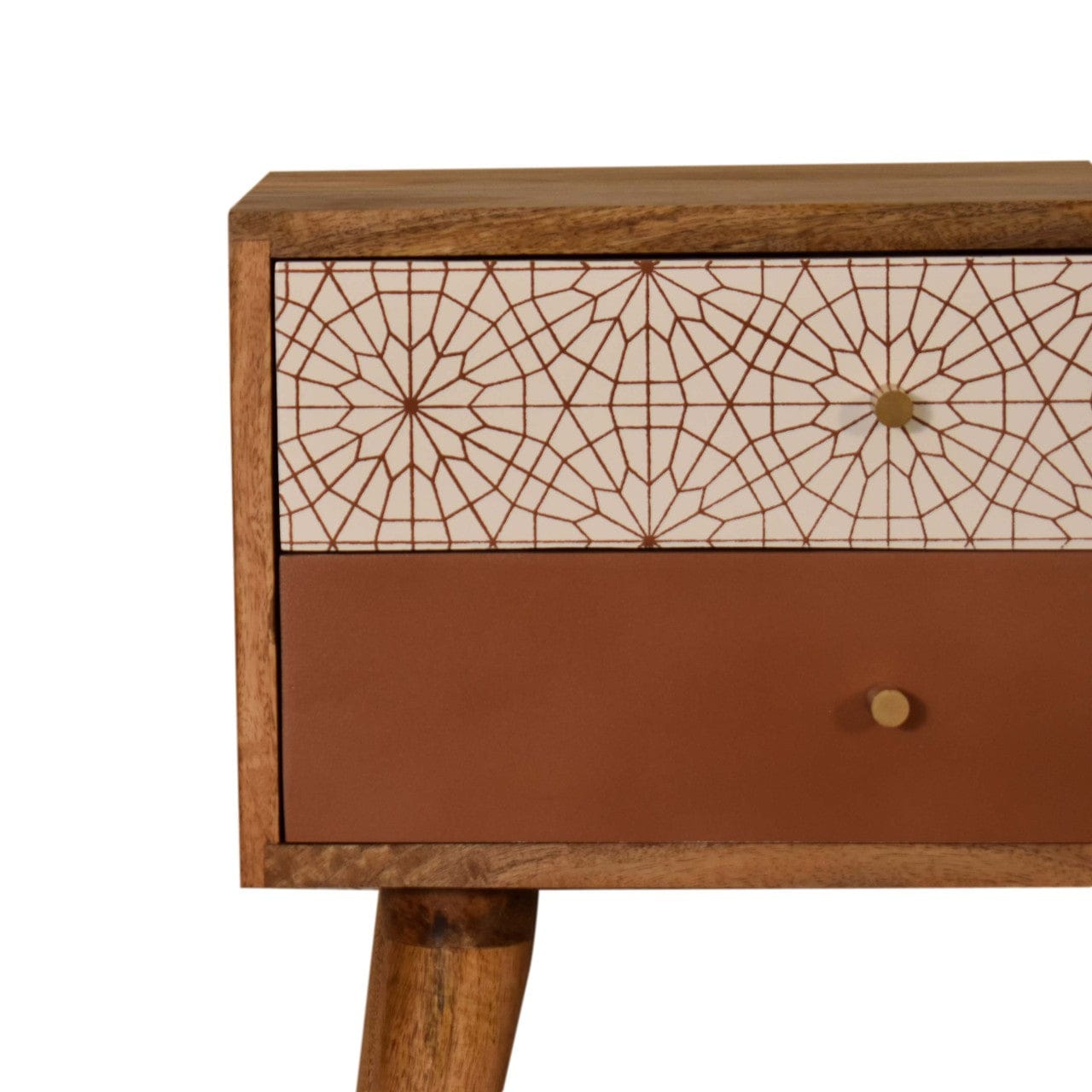 Brick Red Patterned Nightstand - Solid Mango Wood Bedside Table for Bedroom - product view 3 showing handcrafted solid...