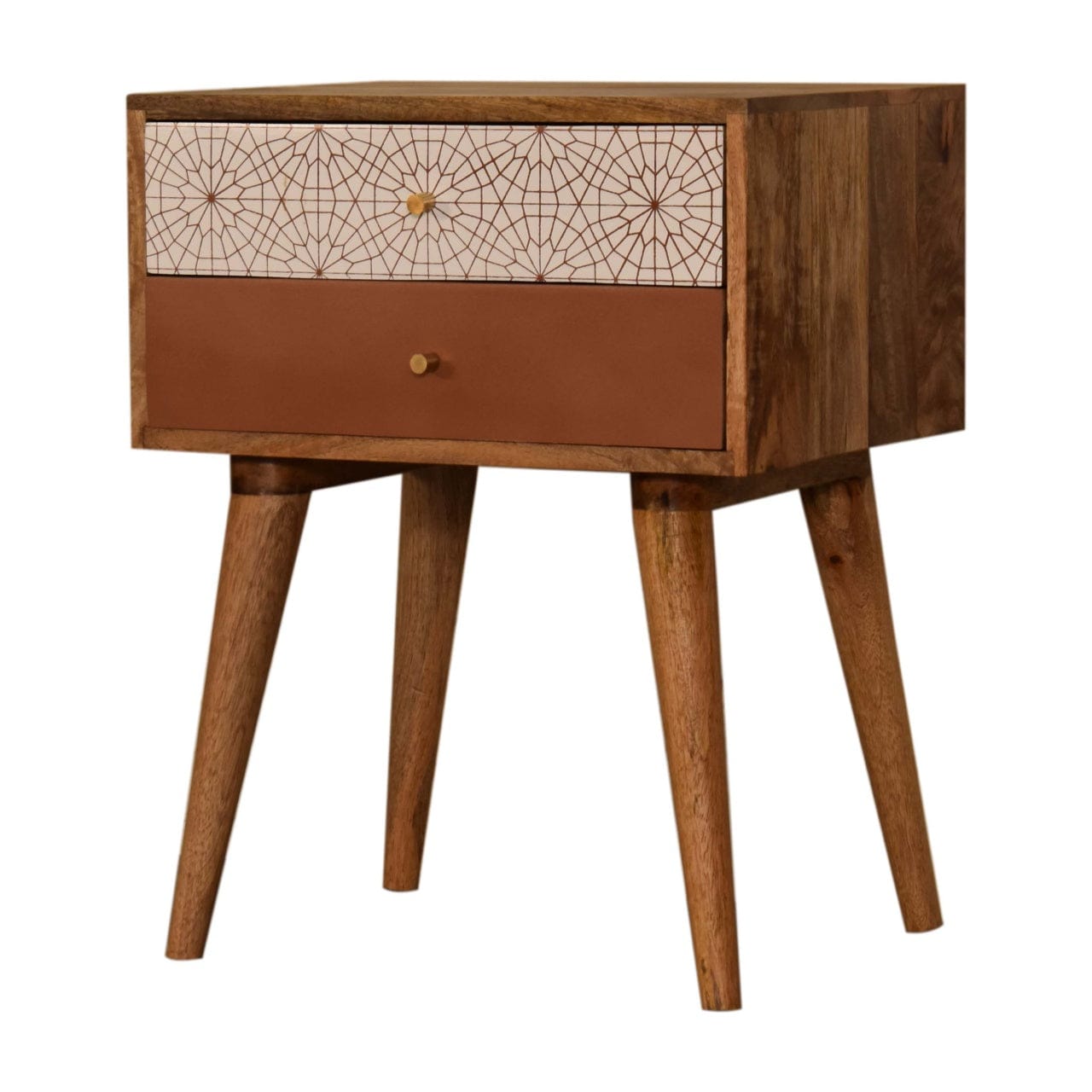 Brick Red Patterned Nightstand - Solid Mango Wood Bedside Table for Bedroom - product view 2 showing handcrafted solid...