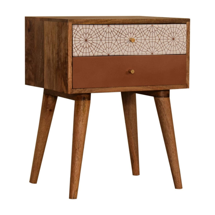 Brick Red Patterned Nightstand - Solid Mango Wood Bedside Table for Bedroom - main view showing handcrafted solid mango...