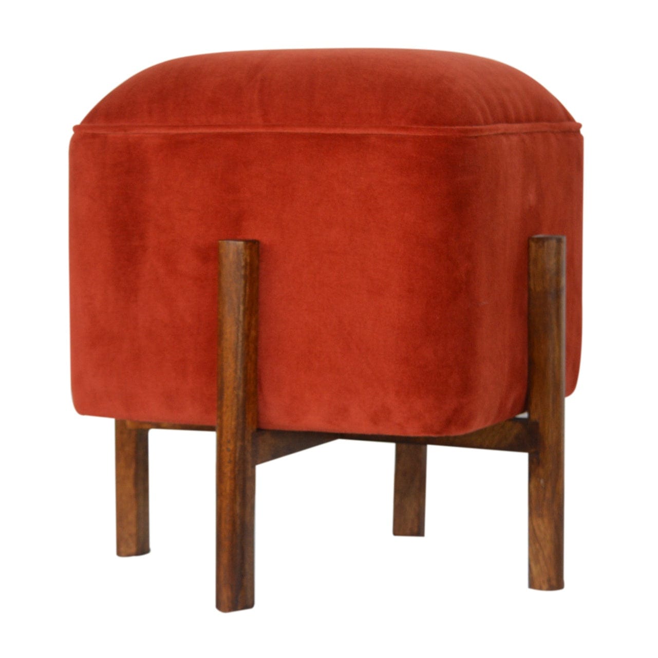 Brick Velvet Solid Wood Footstool - Solid Mango Wood Accent Stool for Living Room - product view 7 showing handcrafted...