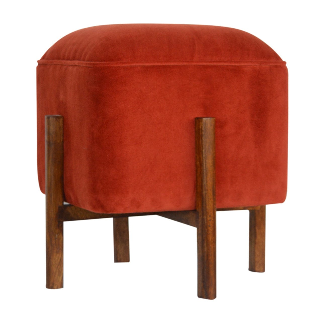 Brick Velvet Solid Wood Footstool - Solid Mango Wood Accent Stool for Living Room - product view 6 showing handcrafted...