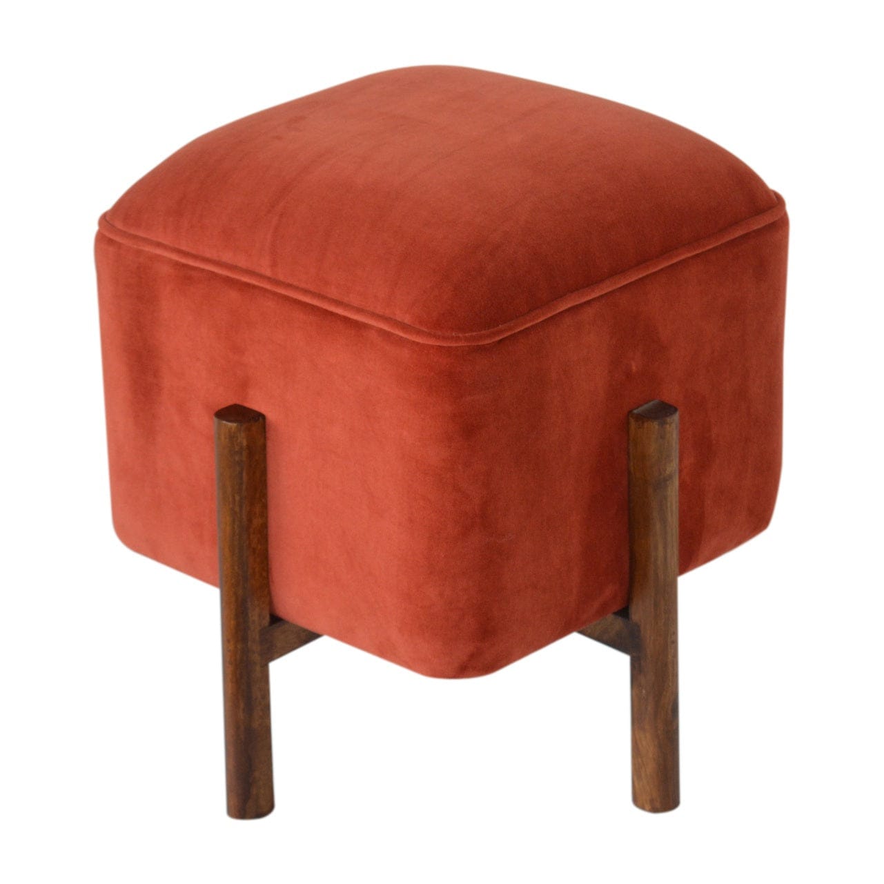 Brick Velvet Solid Wood Footstool - Solid Mango Wood Accent Stool for Living Room - product view 4 showing handcrafted...