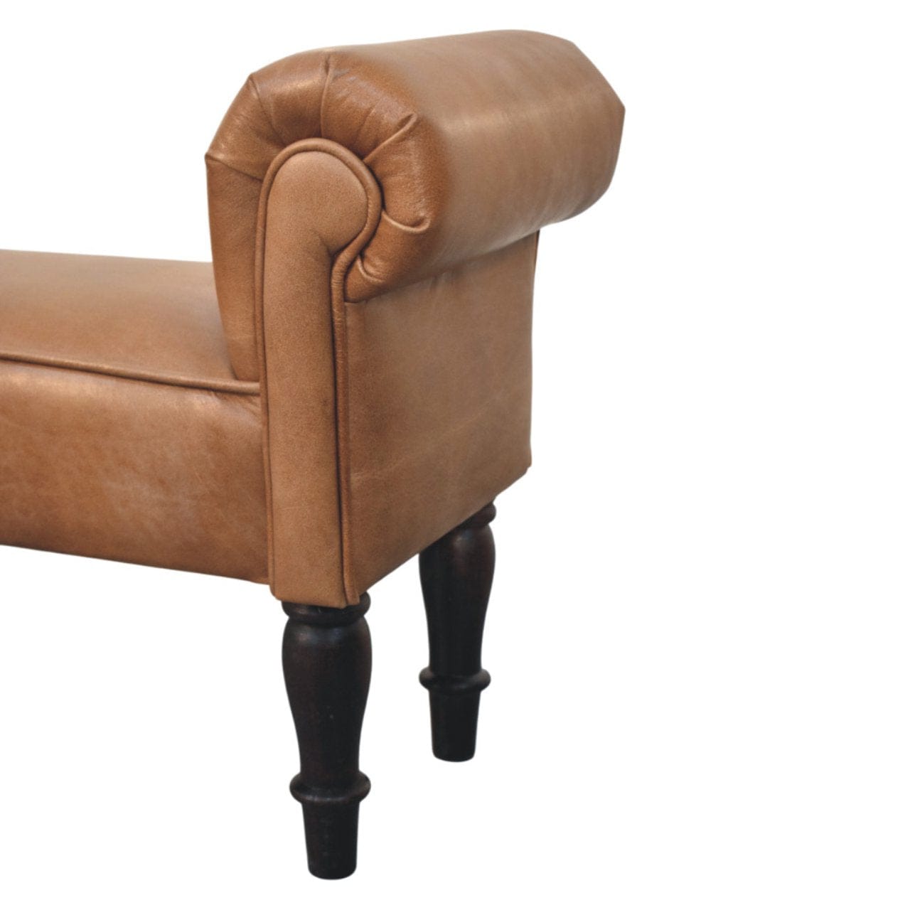 Brown Buffalo Leather Rolled Arms Bench - Solid Mango Wood Seating Furniture for Entryway - product view 6 showing...