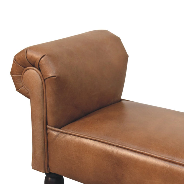 Brown Buffalo Leather Rolled Arms Bench - Solid Mango Wood Seating Furniture for Entryway - product view 5 showing...