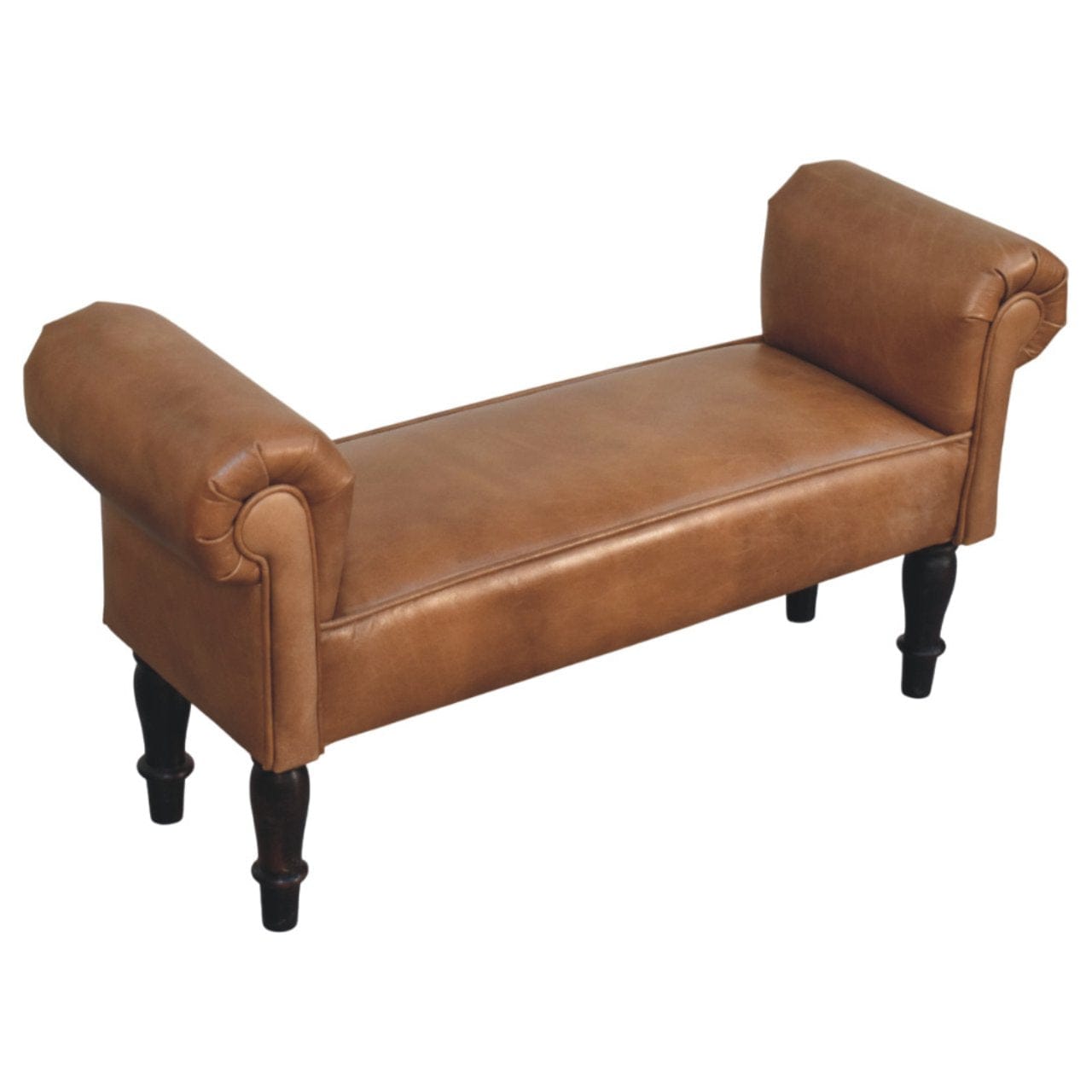 Brown Buffalo Leather Rolled Arms Bench - Solid Mango Wood Seating Furniture for Entryway - product view 4 showing...