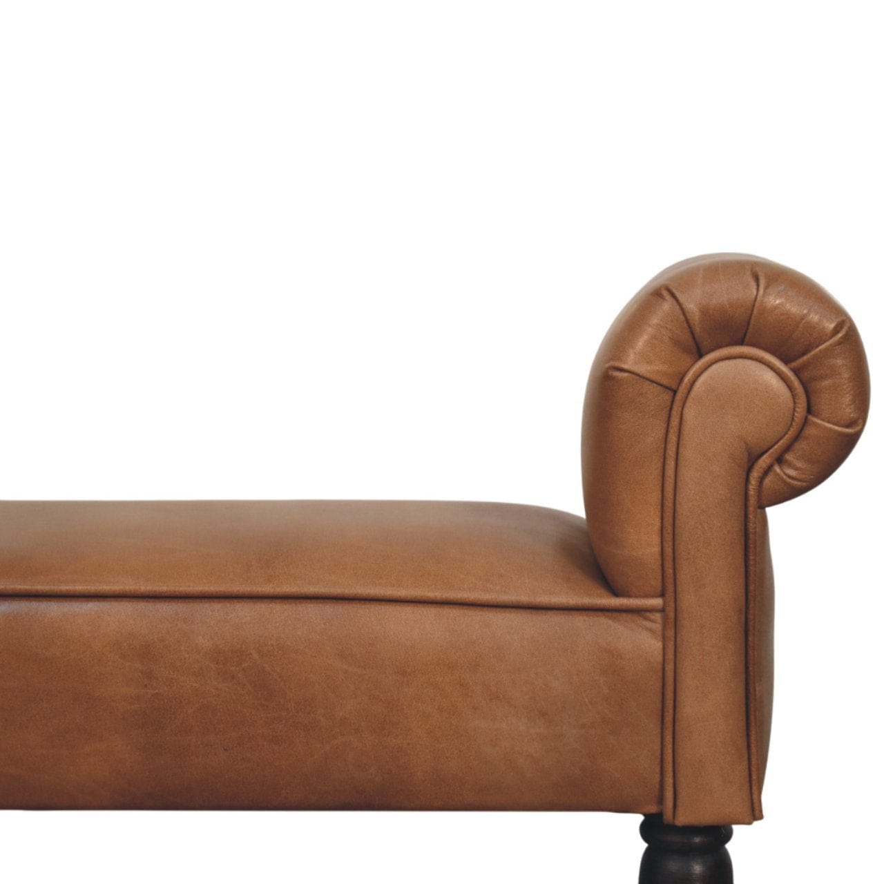 Brown Buffalo Leather Rolled Arms Bench - Solid Mango Wood Seating Furniture for Entryway - product view 3 showing...