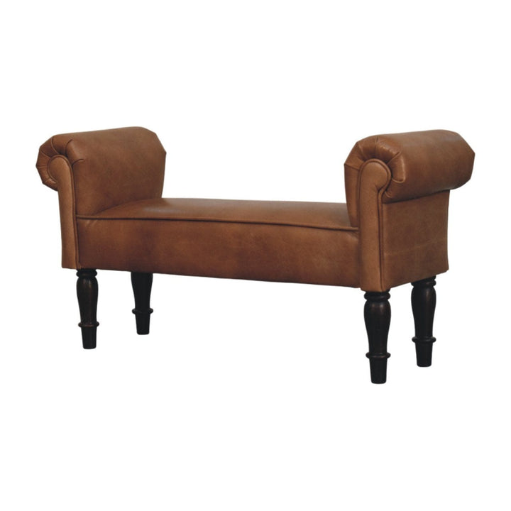Brown Buffalo Leather Rolled Arms Bench - Solid Mango Wood Seating Furniture for Entryway - product view 2 showing...