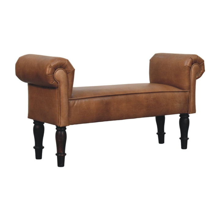 Brown Buffalo Leather Rolled Arms Bench - Solid Mango Wood Seating Furniture for Entryway - main view showing handcrafted...