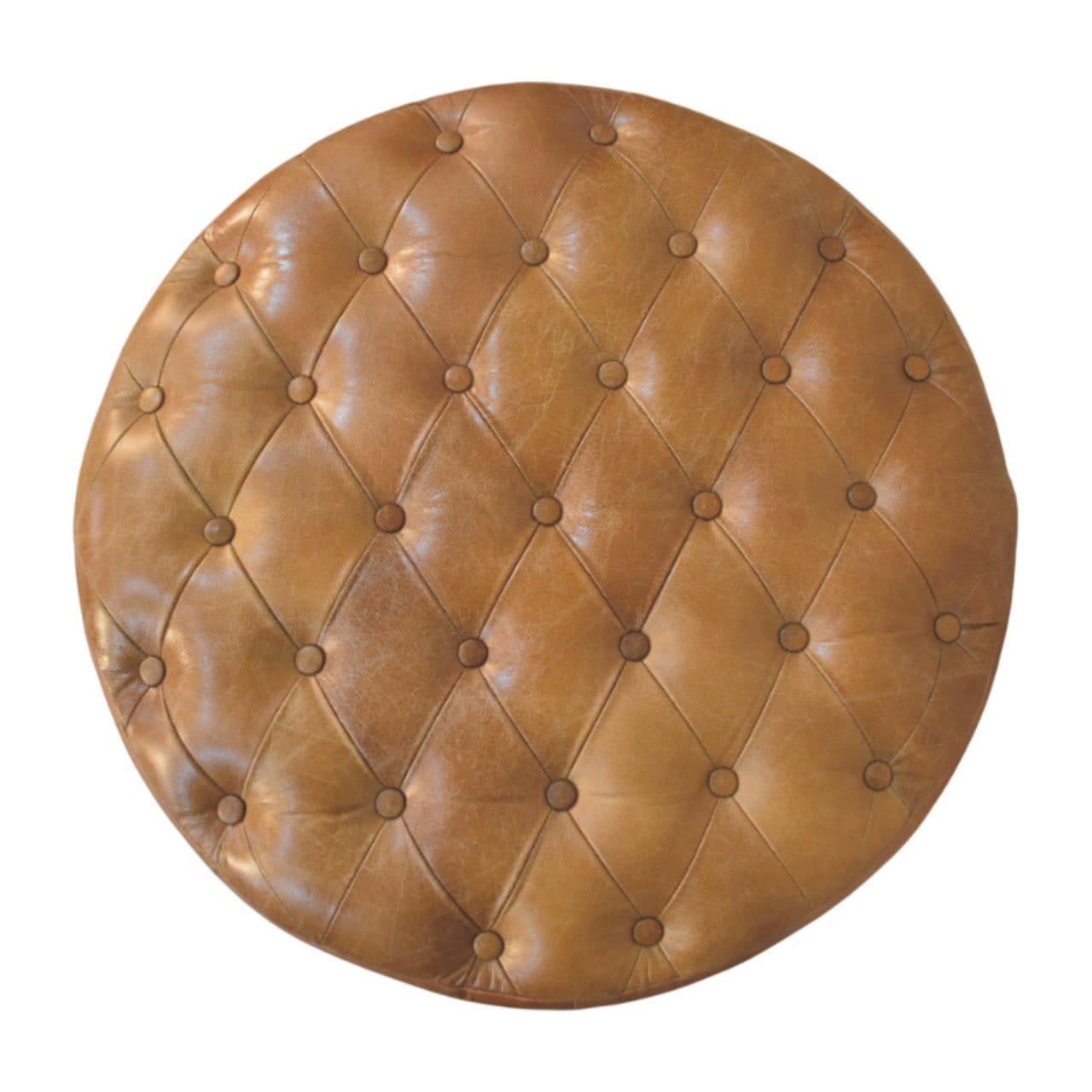 Brown Buffalo Leather Round Ottoman - Solid Mango Wood Accent Stool for Living Room - product view 9 showing handcrafted...