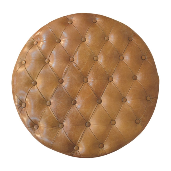 Brown Buffalo Leather Round Ottoman - Solid Mango Wood Accent Stool for Living Room - product view 9 showing handcrafted...