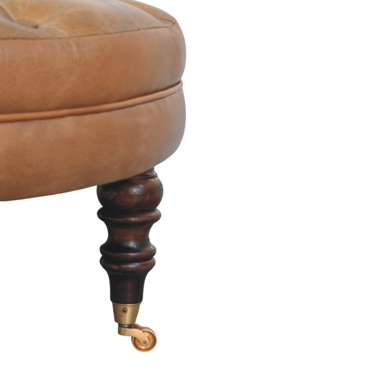 Brown Buffalo Leather Round Ottoman - Solid Mango Wood Accent Stool for Living Room - product view 8 showing handcrafted...