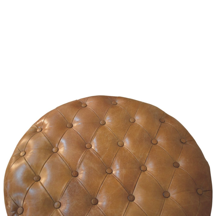 Brown Buffalo Leather Round Ottoman - Solid Mango Wood Accent Stool for Living Room - product view 7 showing handcrafted...