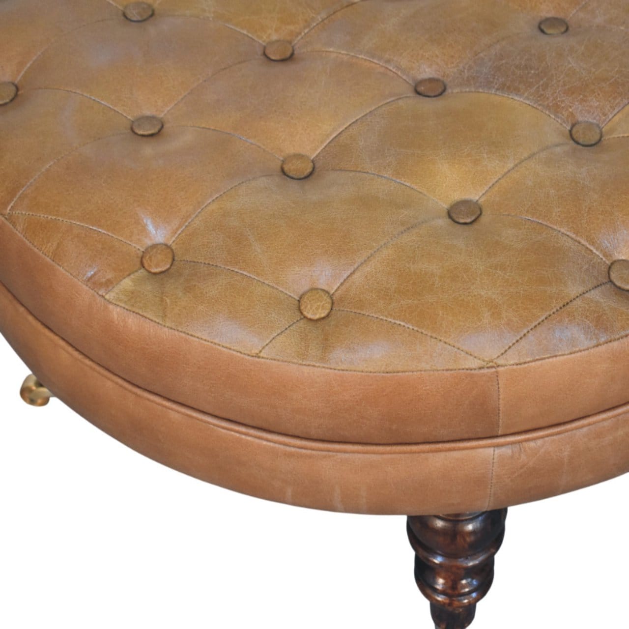 Brown Buffalo Leather Round Ottoman - Solid Mango Wood Accent Stool for Living Room - product view 6 showing handcrafted...