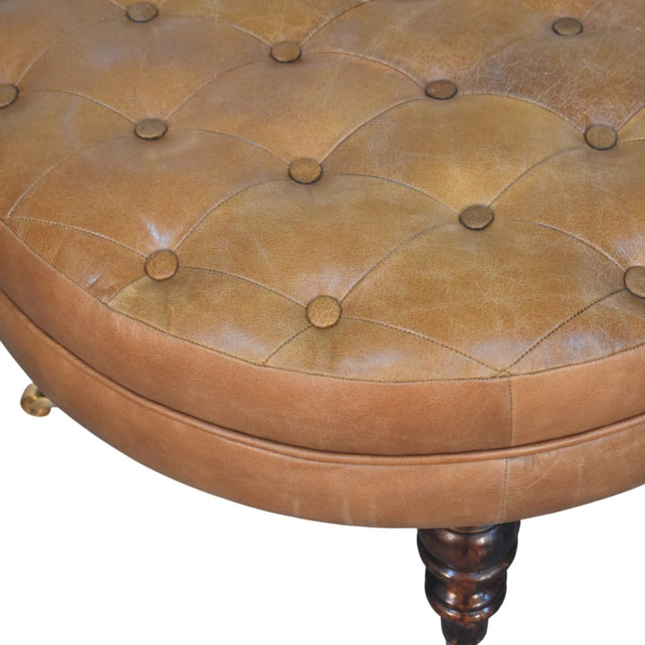 Brown Buffalo Leather Round Ottoman - Solid Mango Wood Accent Stool for Living Room - product view 6 showing handcrafted...