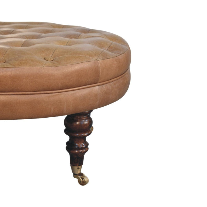 Brown Buffalo Leather Round Ottoman - Solid Mango Wood Accent Stool for Living Room - product view 5 showing handcrafted...