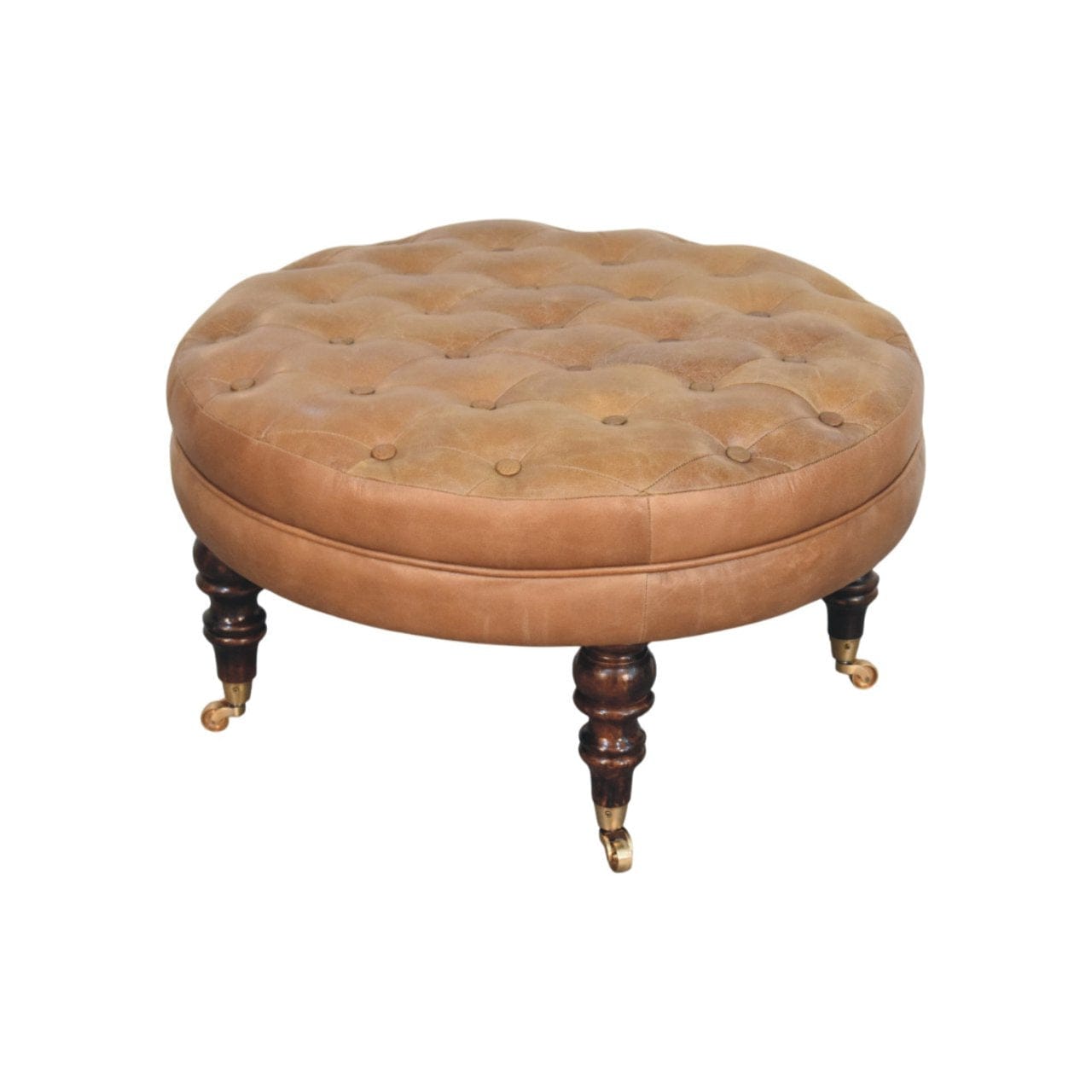 Brown Buffalo Leather Round Ottoman - Solid Mango Wood Accent Stool for Living Room - product view 4 showing handcrafted...