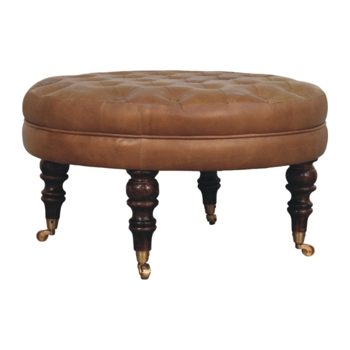 Brown Buffalo Leather Round Ottoman - Solid Mango Wood Accent Stool for Living Room - product view 3 showing handcrafted...