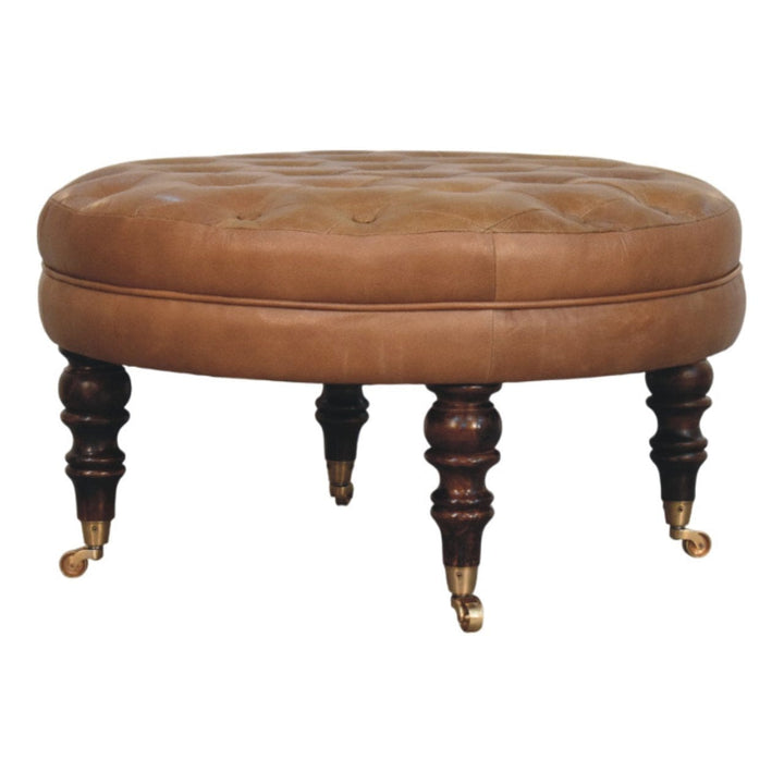 Brown Buffalo Leather Round Ottoman - Solid Mango Wood Accent Stool for Living Room - product view 2 showing handcrafted...