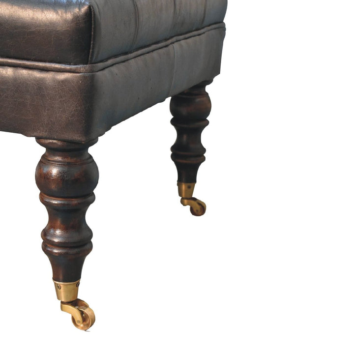 Buffalo Ash Black Leather Ottoman - Solid Mango Wood Accent Stool for Living Room - product view 9 showing handcrafted...