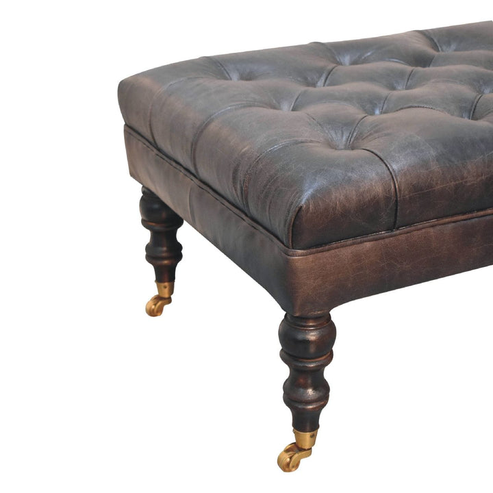 Buffalo Ash Black Leather Ottoman - Solid Mango Wood Accent Stool for Living Room - product view 8 showing handcrafted...
