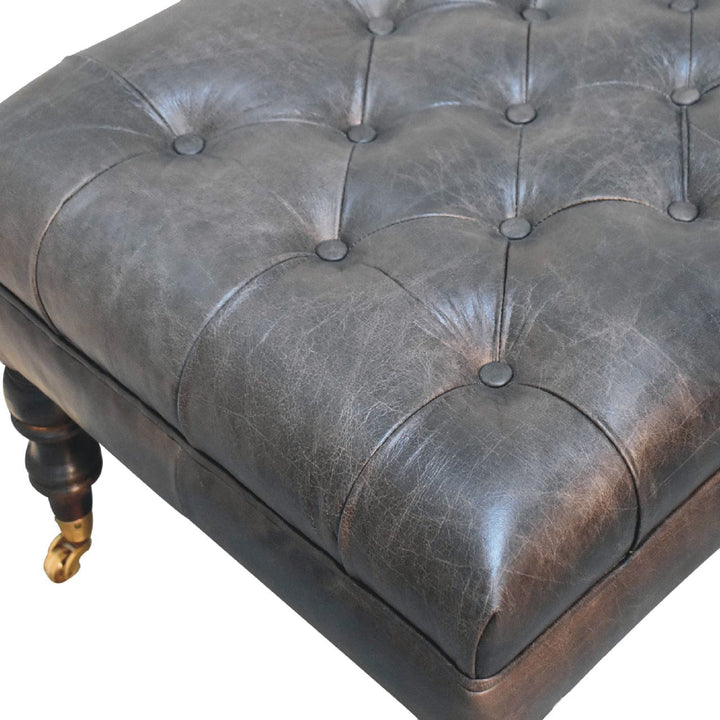 Buffalo Ash Black Leather Ottoman - Solid Mango Wood Accent Stool for Living Room - product view 7 showing handcrafted...