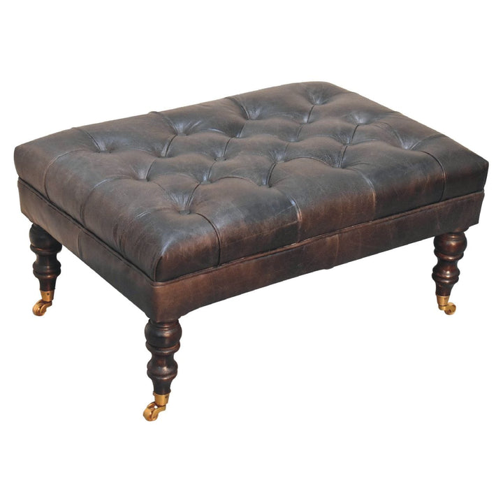 Buffalo Ash Black Leather Ottoman - Solid Mango Wood Accent Stool for Living Room - product view 6 showing handcrafted...