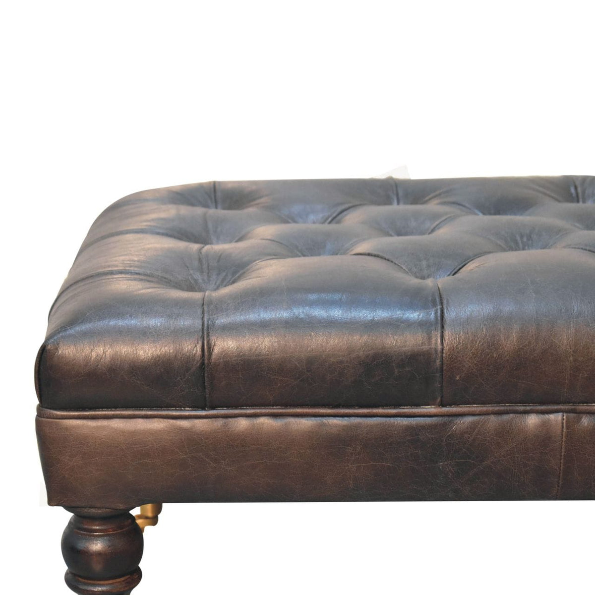 Buffalo Ash Black Leather Ottoman - Solid Mango Wood Accent Stool for Living Room - product view 5 showing handcrafted...