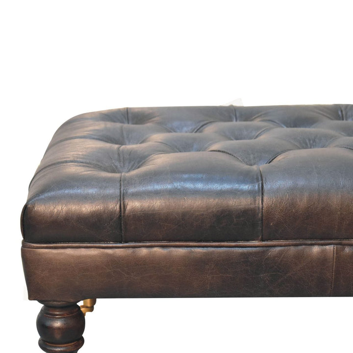 Buffalo Ash Black Leather Ottoman - Solid Mango Wood Accent Stool for Living Room - product view 5 showing handcrafted...