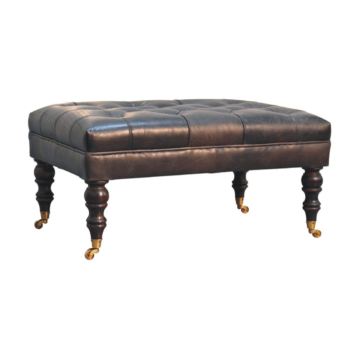 Buffalo Ash Black Leather Ottoman - Solid Mango Wood Accent Stool for Living Room - product view 4 showing handcrafted...