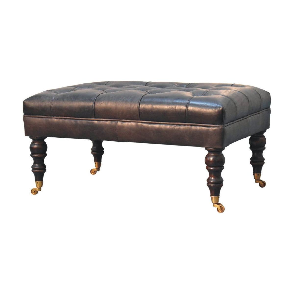 Buffalo Ash Black Leather Ottoman - Solid Mango Wood Accent Stool for Living Room - product view 3 showing handcrafted...