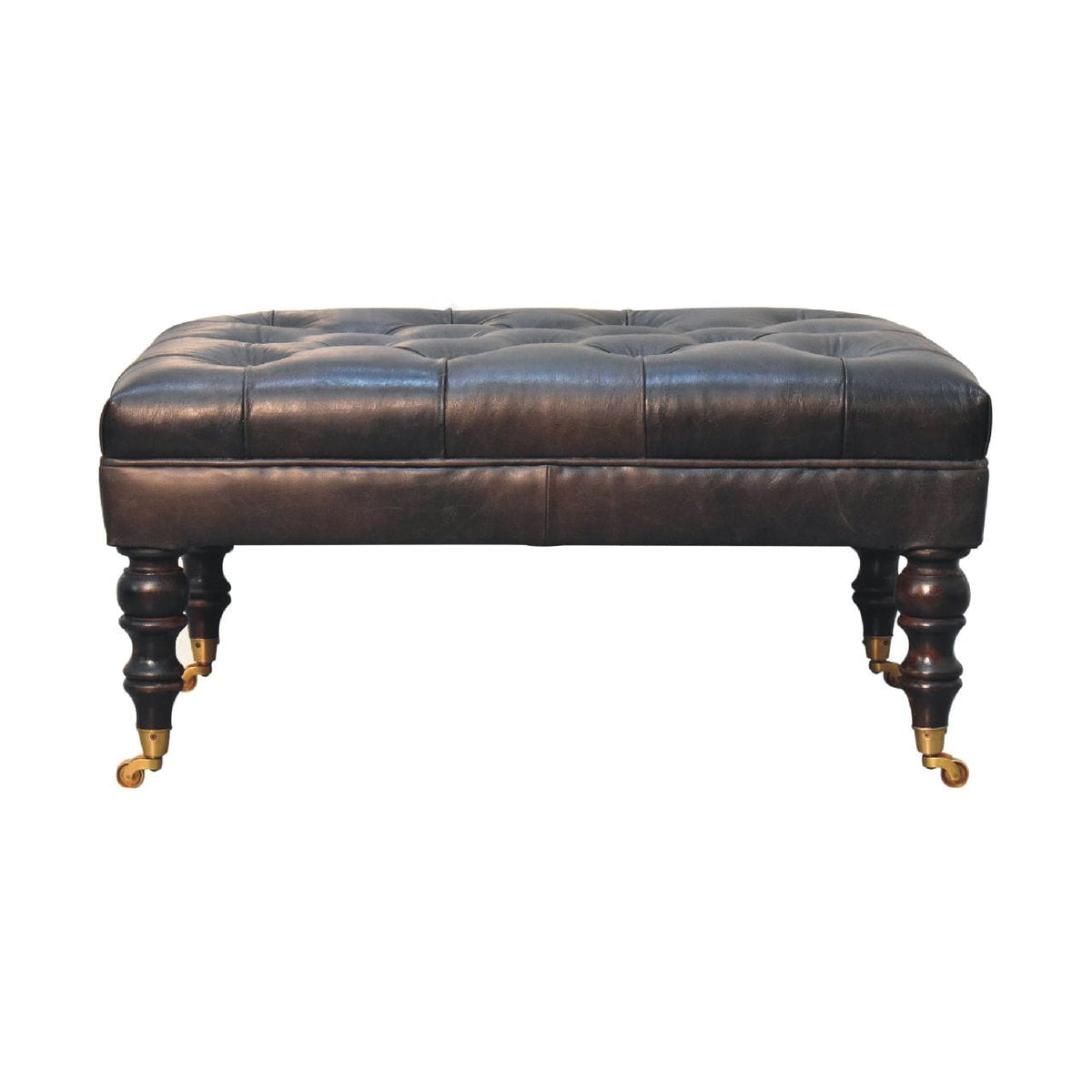 Buffalo Ash Black Leather Ottoman - Solid Mango Wood Accent Stool for Living Room - product view 2 showing handcrafted...