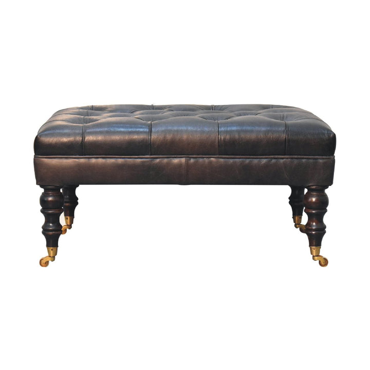 Buffalo Ash Black Leather Ottoman - Solid Mango Wood Accent Stool for Living Room - product view 2 showing handcrafted...