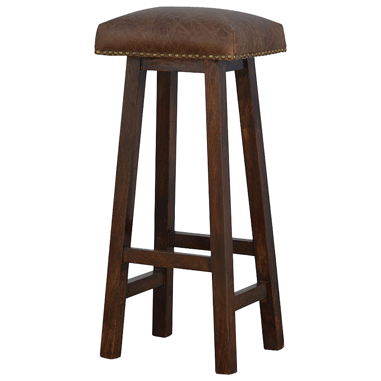 Buffalo Brass Leather Bar Stool - Solid Mango Wood Counter Stool for Kitchen - product view 2 showing handcrafted solid...