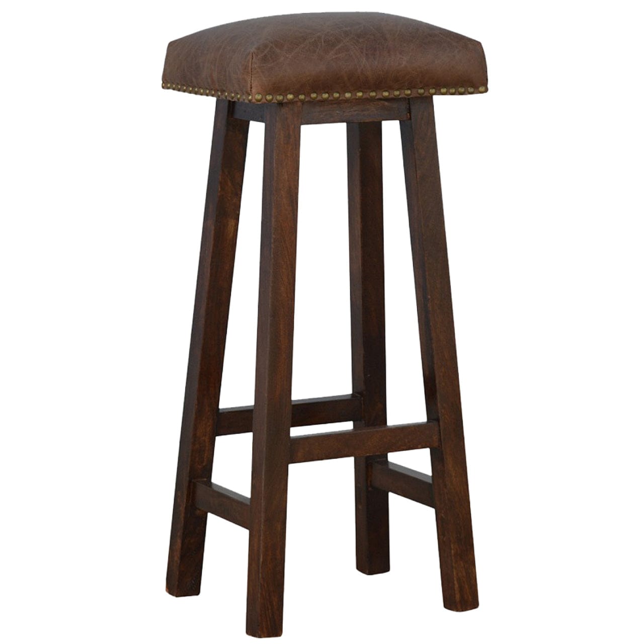 Buffalo Brass Leather Bar Stool - Solid Mango Wood Counter Stool for Kitchen - main view showing handcrafted solid mango...