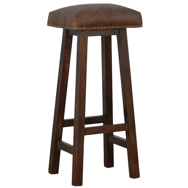Buffalo Brass Leather Bar Stool - Solid Mango Wood Counter Stool for Kitchen - main view showing handcrafted solid mango...