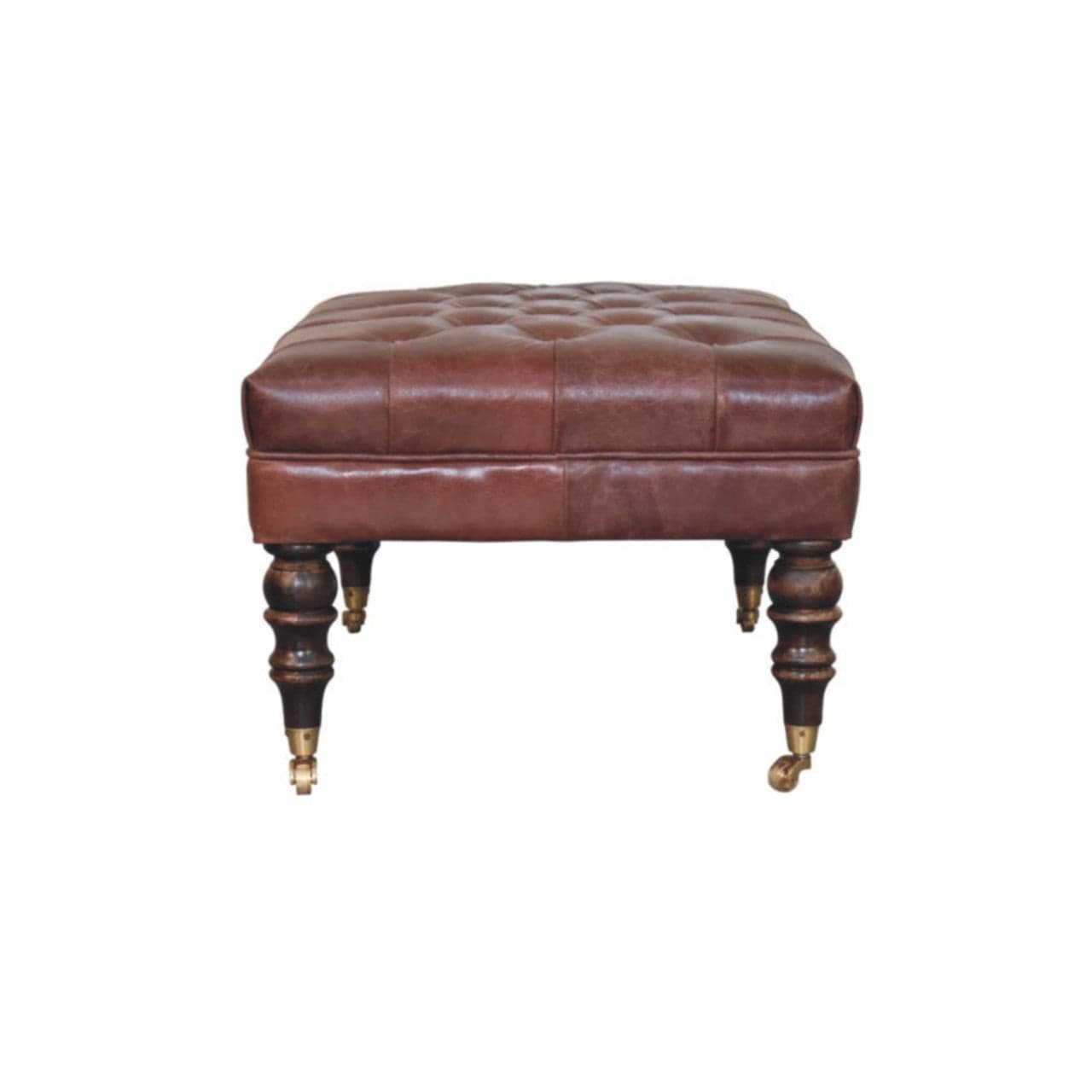 Buffalo Brown Leather Ottoman - Solid Mango Wood Accent Stool for Living Room - product view 7 showing handcrafted solid...