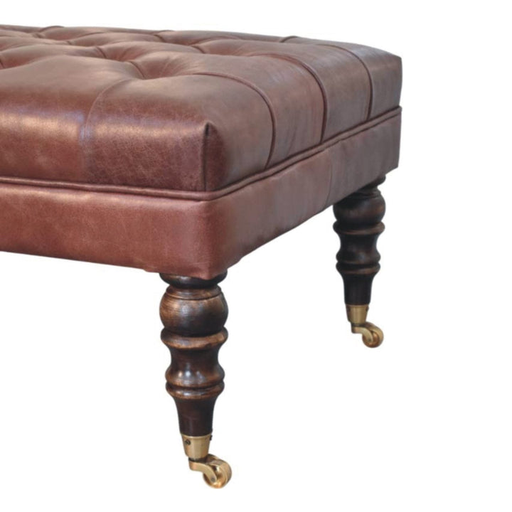 Buffalo Brown Leather Ottoman - Solid Mango Wood Accent Stool for Living Room - product view 6 showing handcrafted solid...