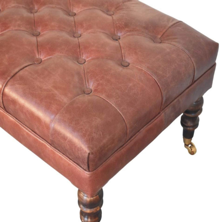 Buffalo Brown Leather Ottoman - Solid Mango Wood Accent Stool for Living Room - product view 5 showing handcrafted solid...