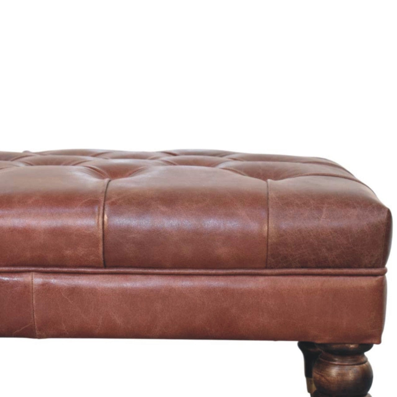 Buffalo Brown Leather Ottoman - Solid Mango Wood Accent Stool for Living Room - product view 4 showing handcrafted solid...