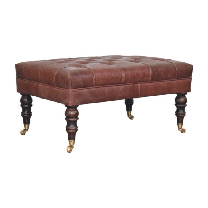 Buffalo Brown Leather Ottoman - Solid Mango Wood Accent Stool for Living Room - product view 3 showing handcrafted solid...
