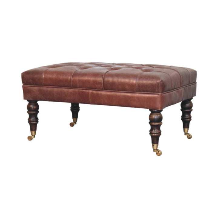 Buffalo Brown Leather Ottoman - Solid Mango Wood Accent Stool for Living Room - product view 2 showing handcrafted solid...