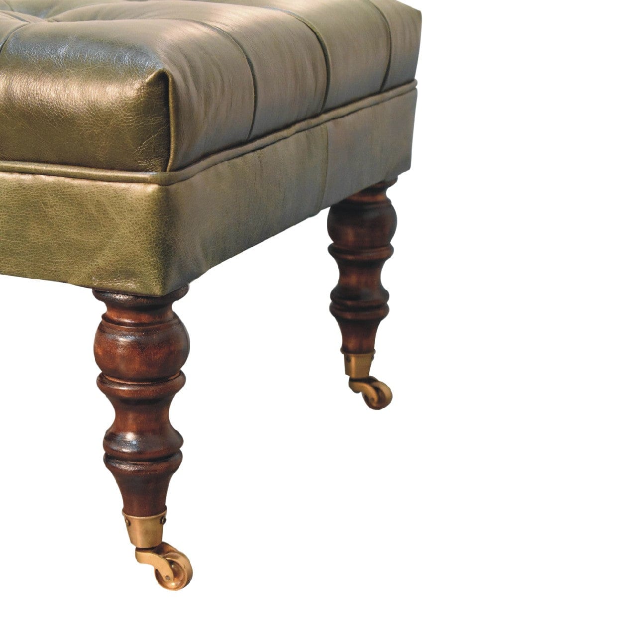 Buffalo Green Leather Ottoman - Solid Mango Wood Accent Stool for Living Room - product view 9 showing handcrafted solid...