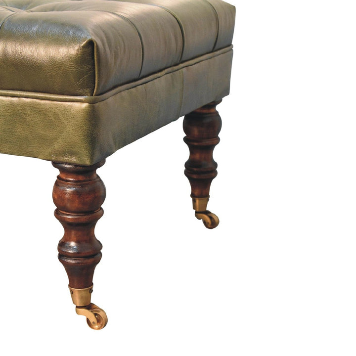 Buffalo Green Leather Ottoman - Solid Mango Wood Accent Stool for Living Room - product view 9 showing handcrafted solid...