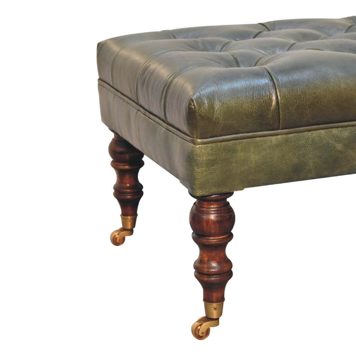 Buffalo Green Leather Ottoman - Solid Mango Wood Accent Stool for Living Room - product view 8 showing handcrafted solid...